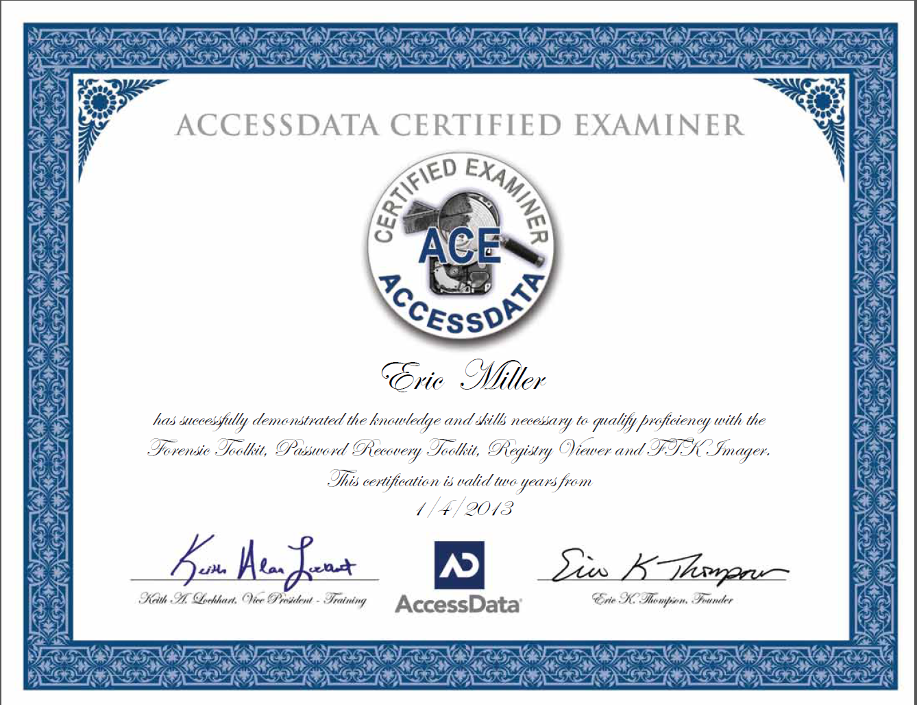 Computer certifications Mr. Miller's Recent Certification